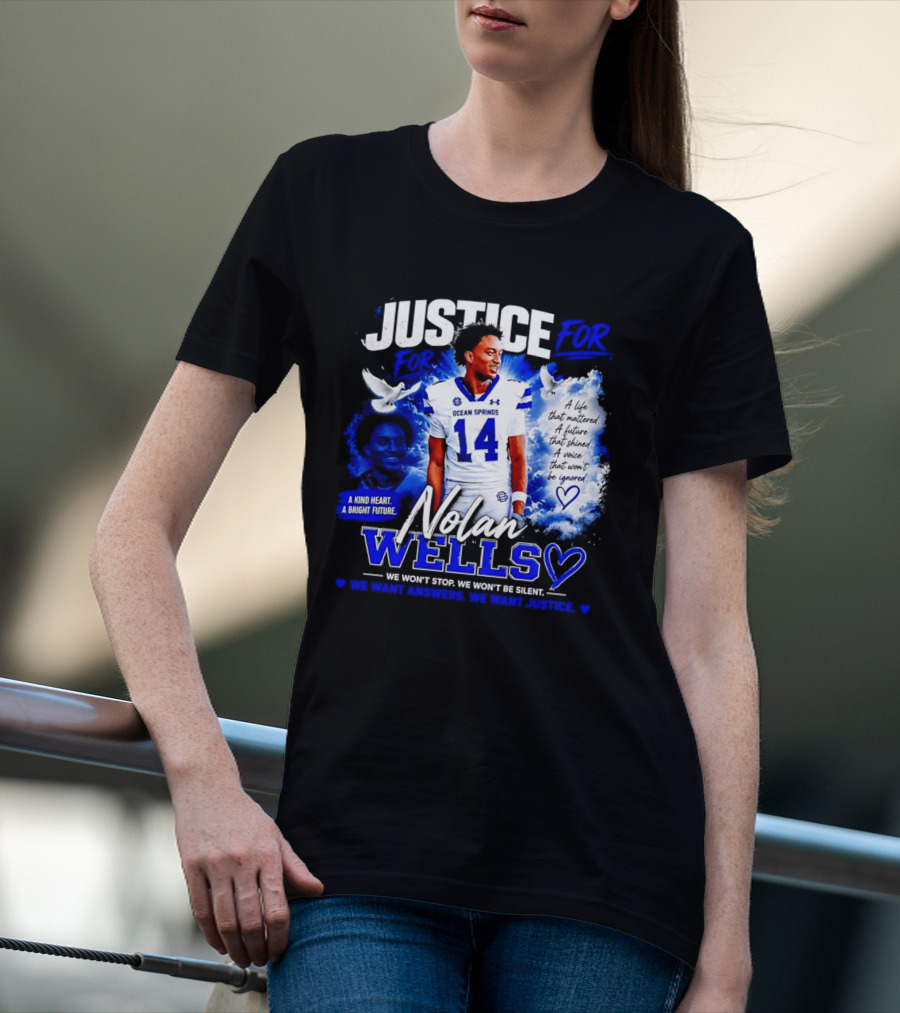 Justice For Nolan Wells Ocean Springs Football Number 14 Ignored Heart We Won't Stop Silent T-Shirt