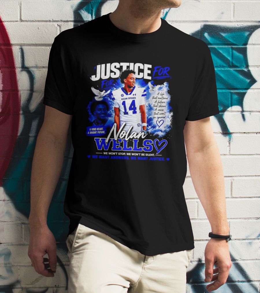 Justice For Nolan Wells Ocean Springs Football Number 14 Ignored Heart We Won't Stop Silent T-Shirt
