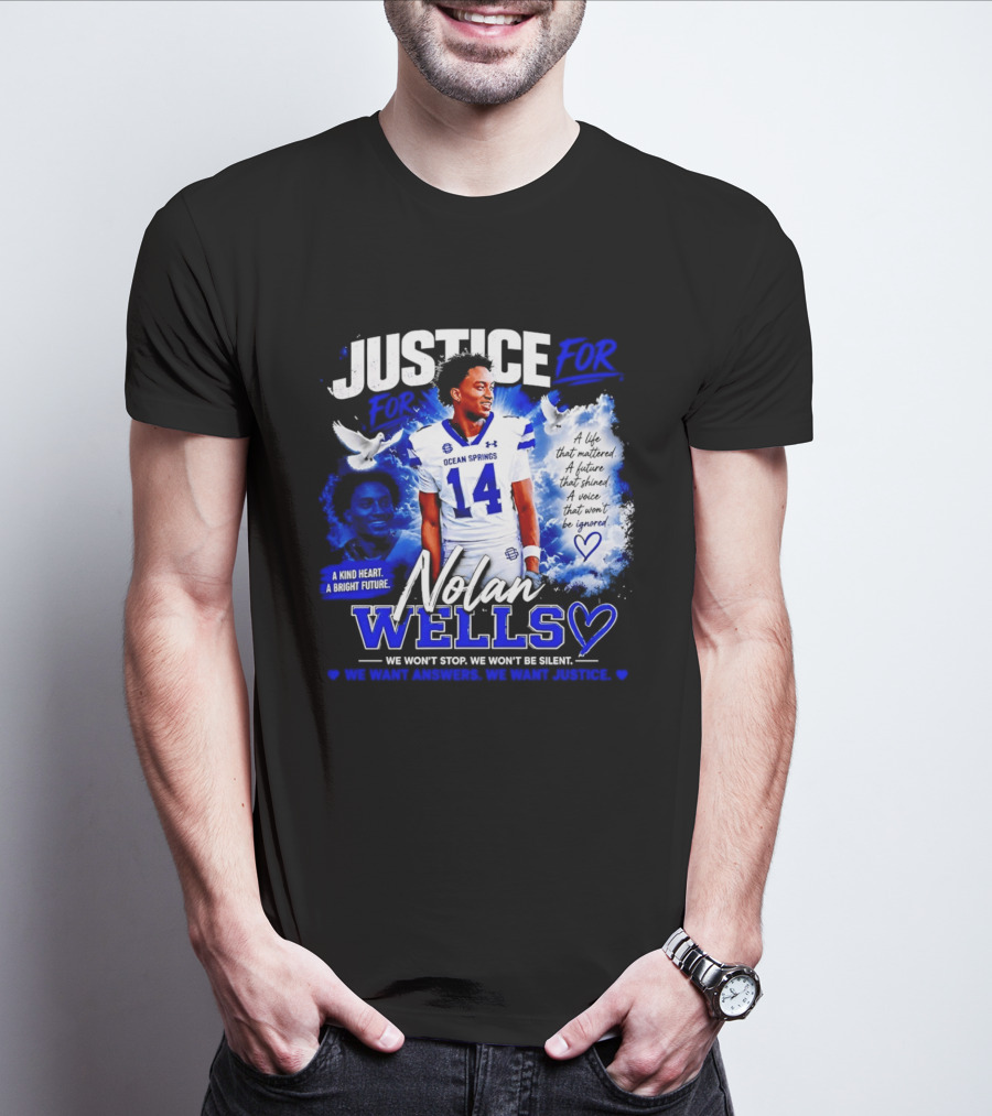 Justice For Nolan Wells Ocean Springs Football Number 14 Ignored Heart We Won't Stop Silent T-Shirt