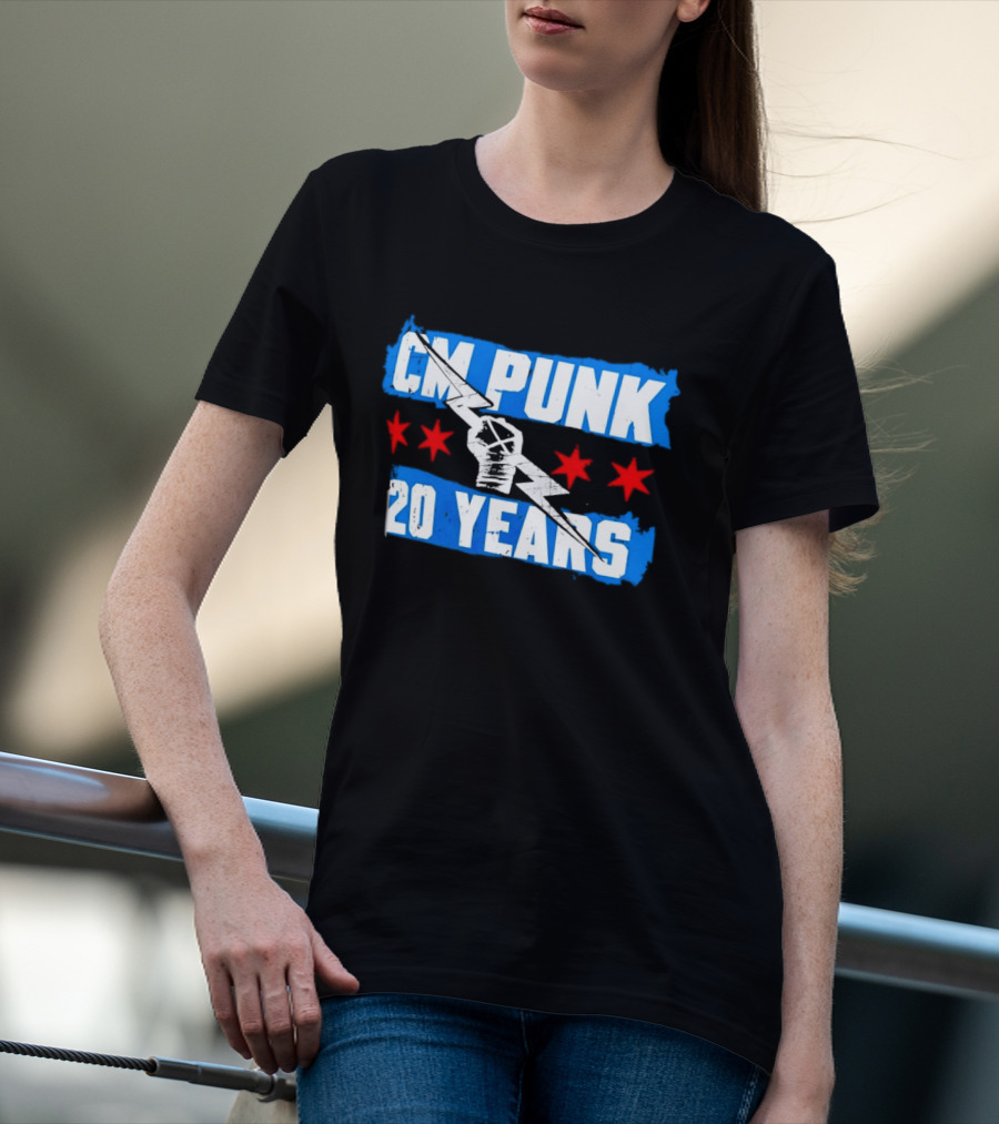 CM Punk 20 Years WWE Flag With Stars And Lightning Fist T-Shirt