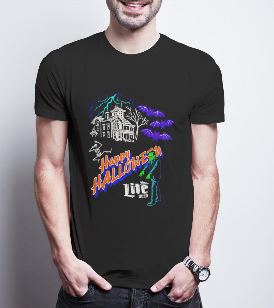 Happy Halloween Miller Lite Beer Haunted House Frankenstein Bats T-Shirt
