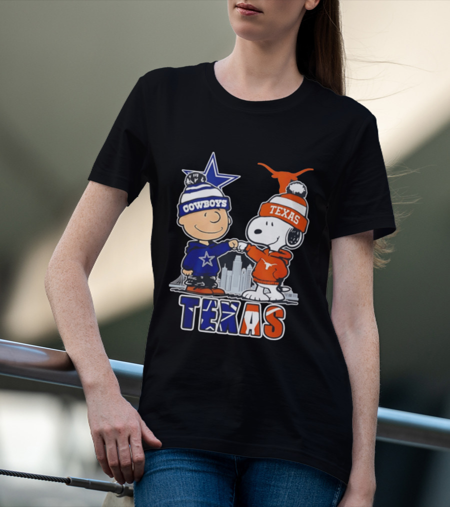 Dallas Cowboys Texas Longhorns Peanuts Characters Stadium Scene T-Shirt