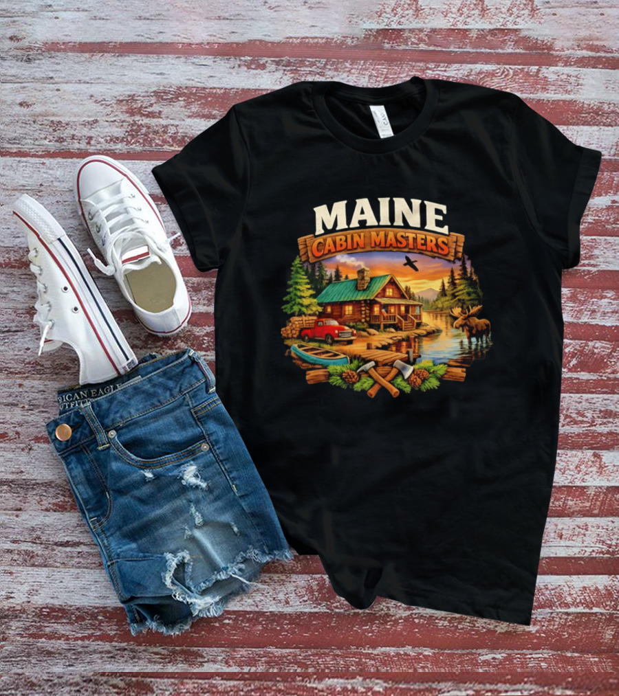 Maine Cabin Masters Rustic Wilderness Scene With Moose And Red Truck T-Shirt