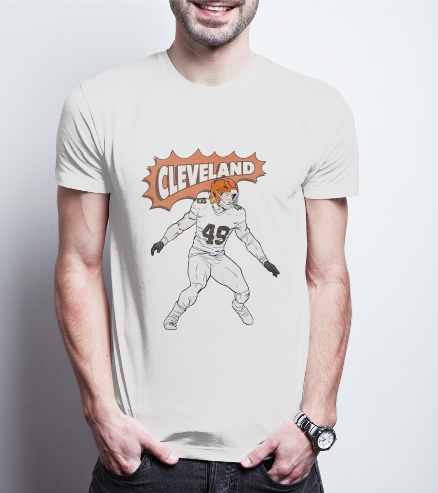 Cleveland Football Comic Style 2026 Player 49 Iconic Helmet T-Shirt
