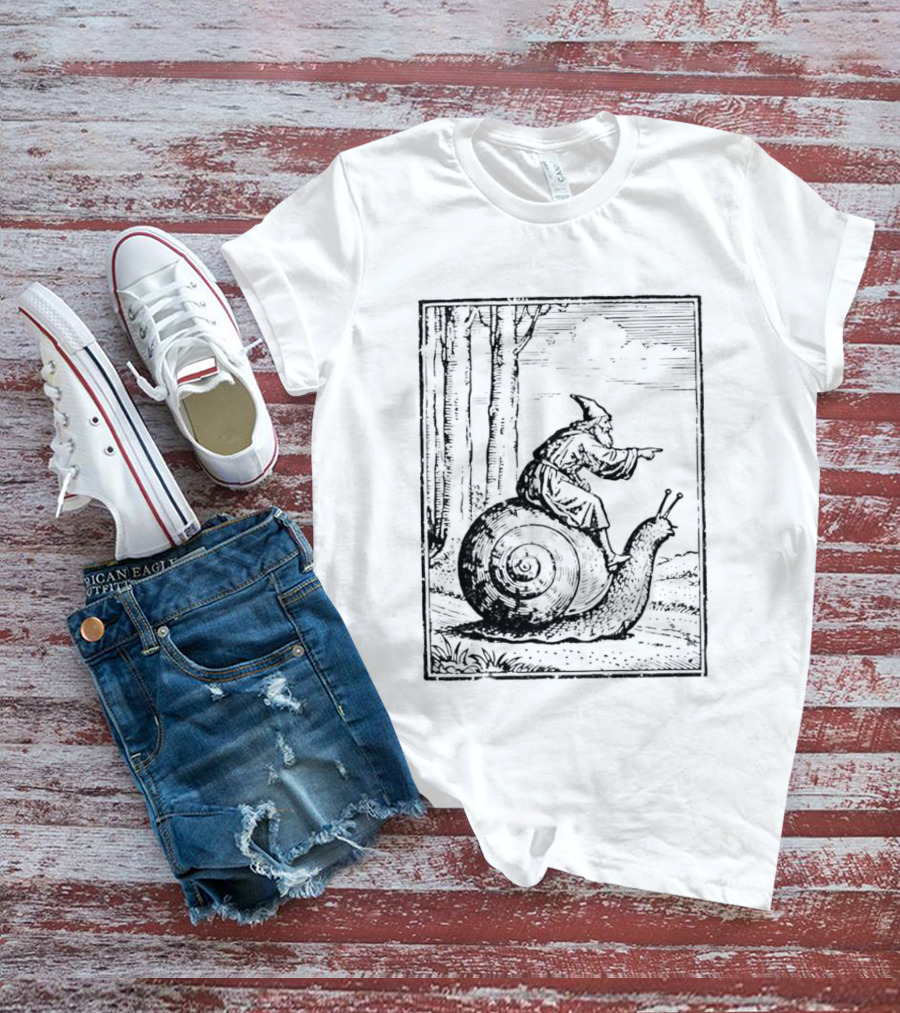 Medieval Snail Rider Wizard Woodcut Fantasy Enchantment T-Shirt