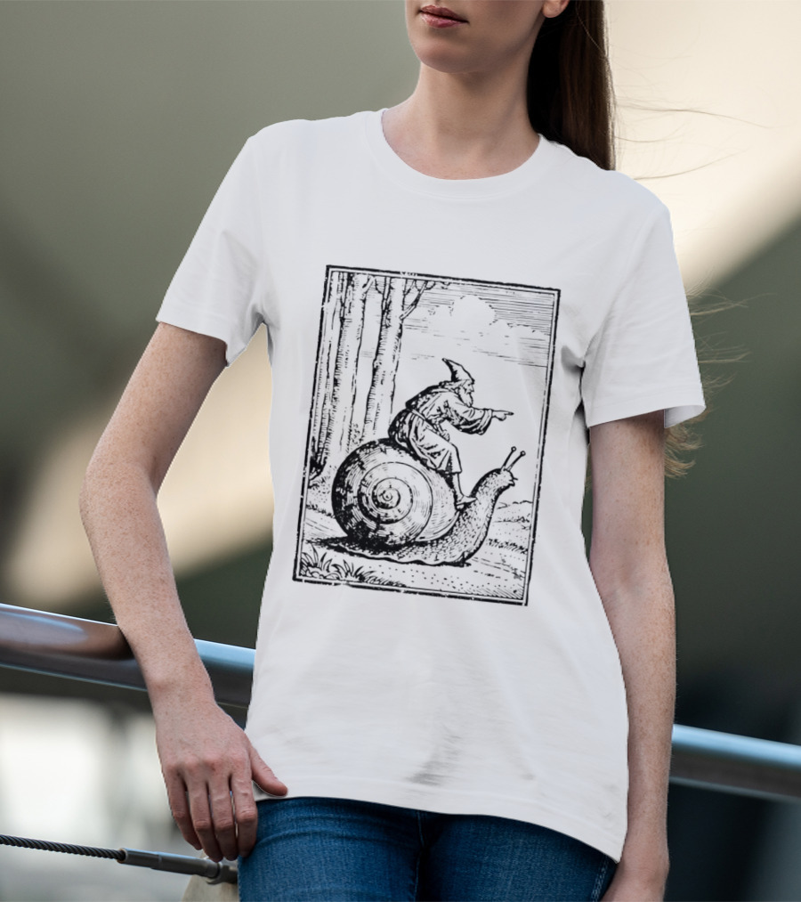 Medieval Snail Rider Wizard Woodcut Fantasy Enchantment T-Shirt
