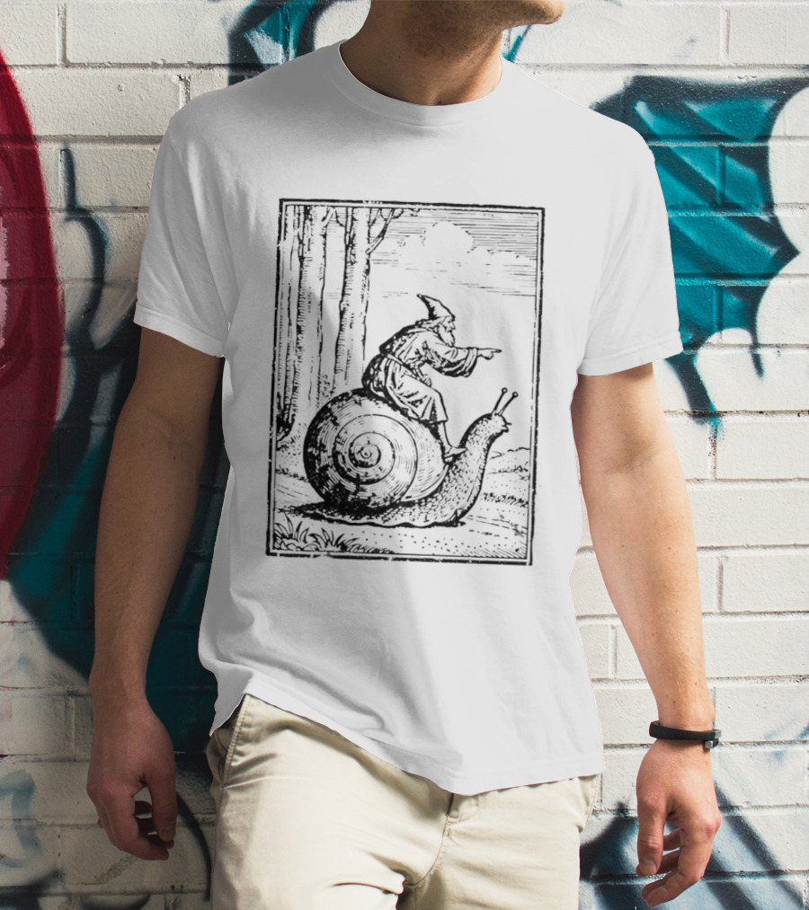 Medieval Snail Rider Wizard Woodcut Fantasy Enchantment T-Shirt