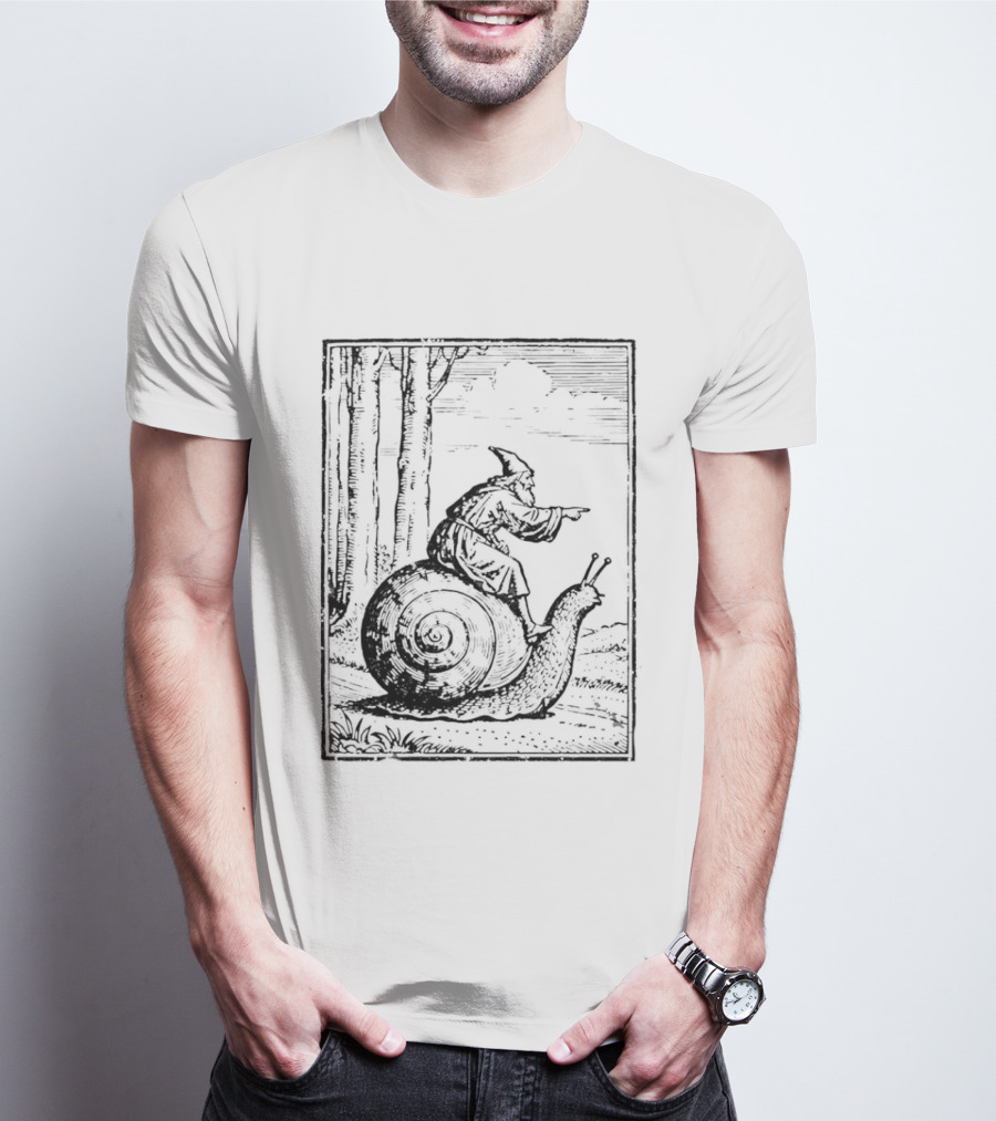 Medieval Snail Rider Wizard Woodcut Fantasy Enchantment T-Shirt
