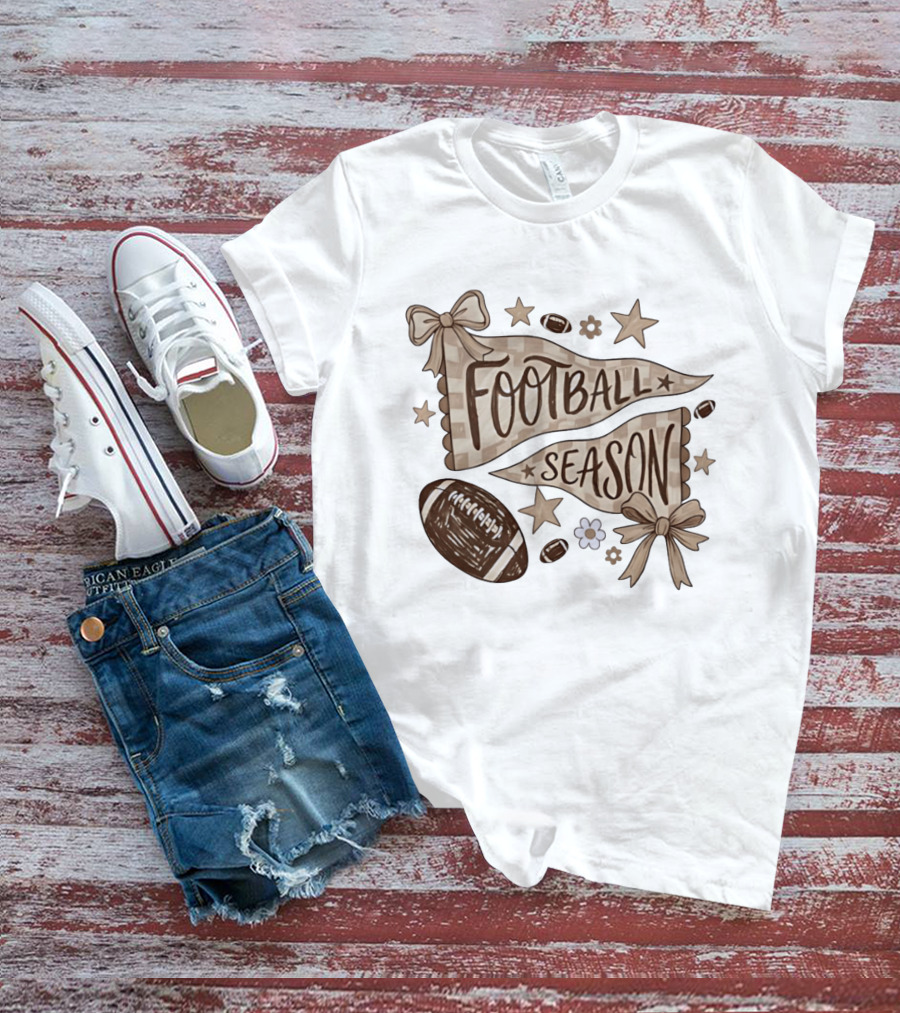 Football Season Pennant Bows And Stars With Footballs T-Shirt