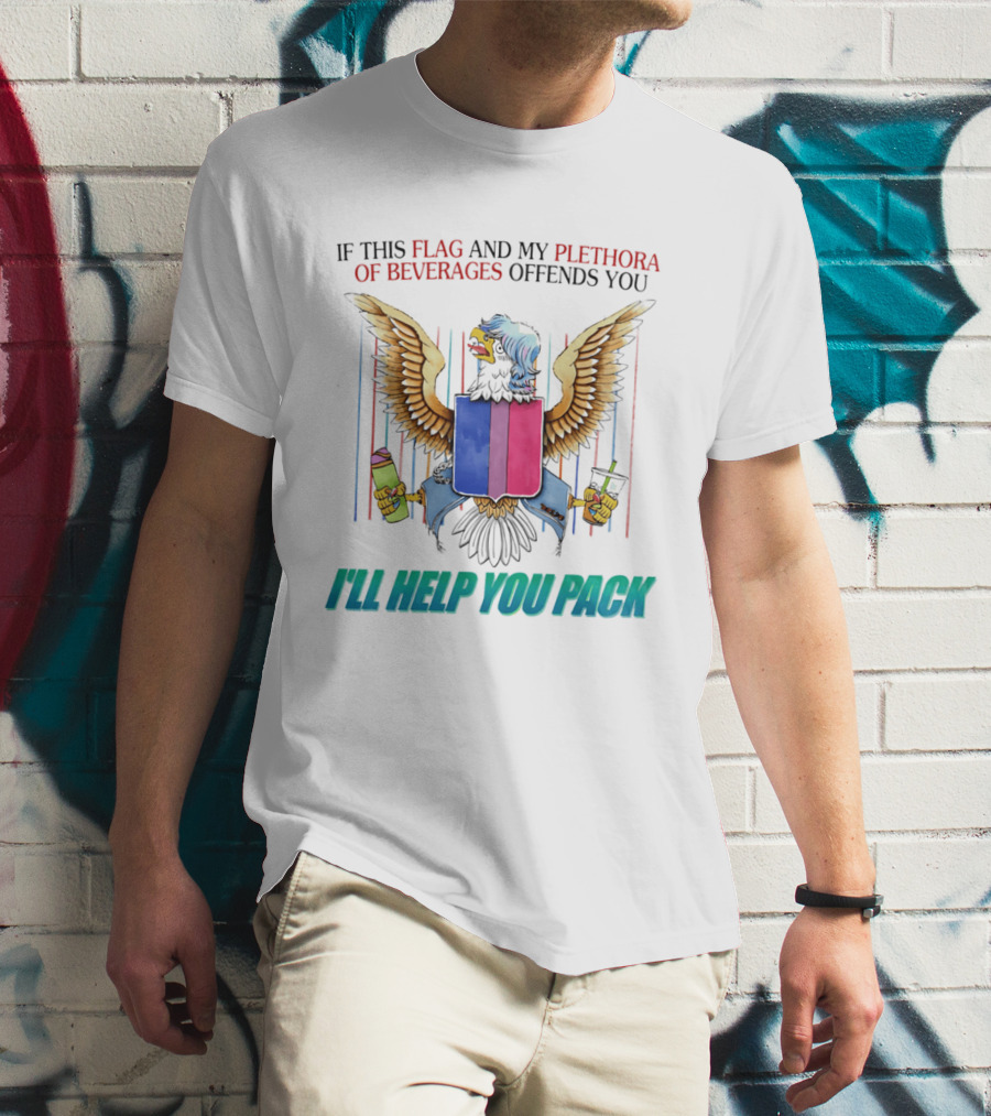 If This Flag And My Plethora Of Beverages Offends You I'll Help You Pack Eagle Holding Drinks T-Shirt