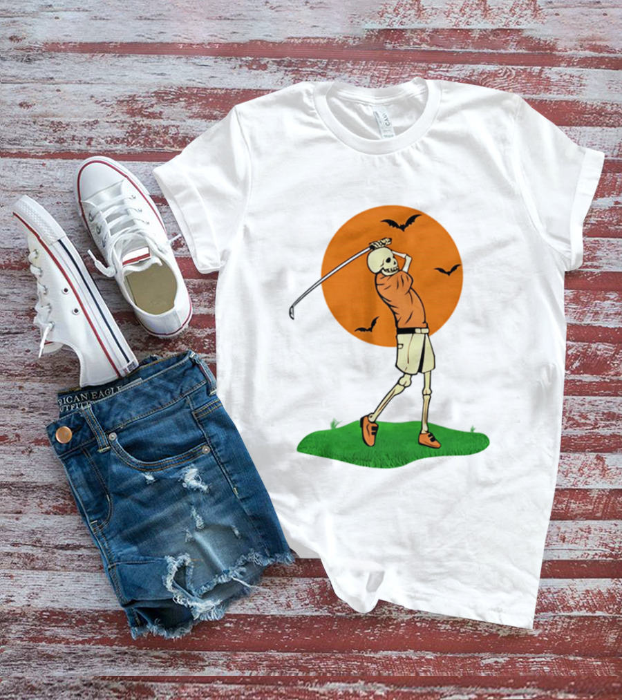 Skeleton Golfer At Sunset With Flying Bats T-Shirt