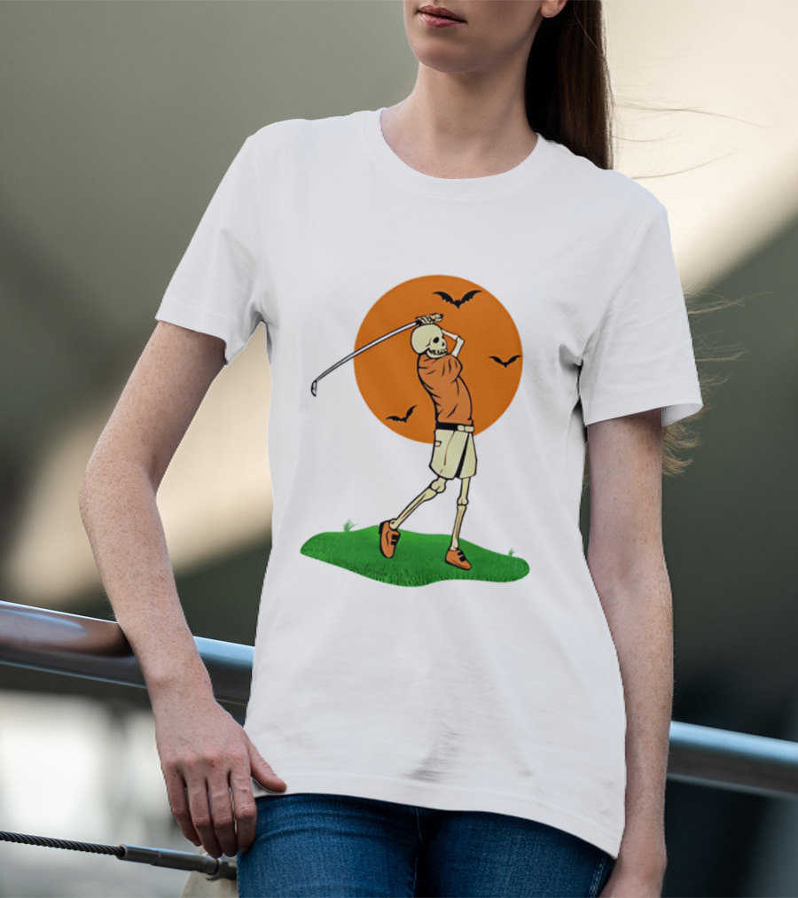 Skeleton Golfer At Sunset With Flying Bats T-Shirt