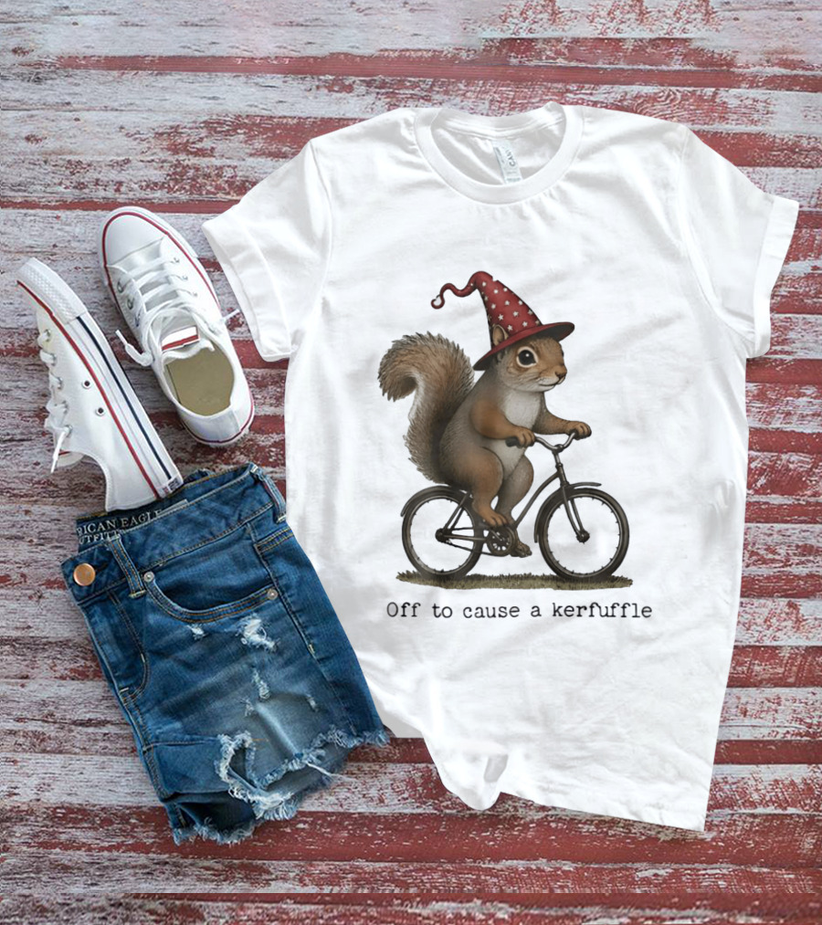 Squirrel In Wizard Hat Riding Bicycle Off To Cause A Kerfuffle T-Shirt