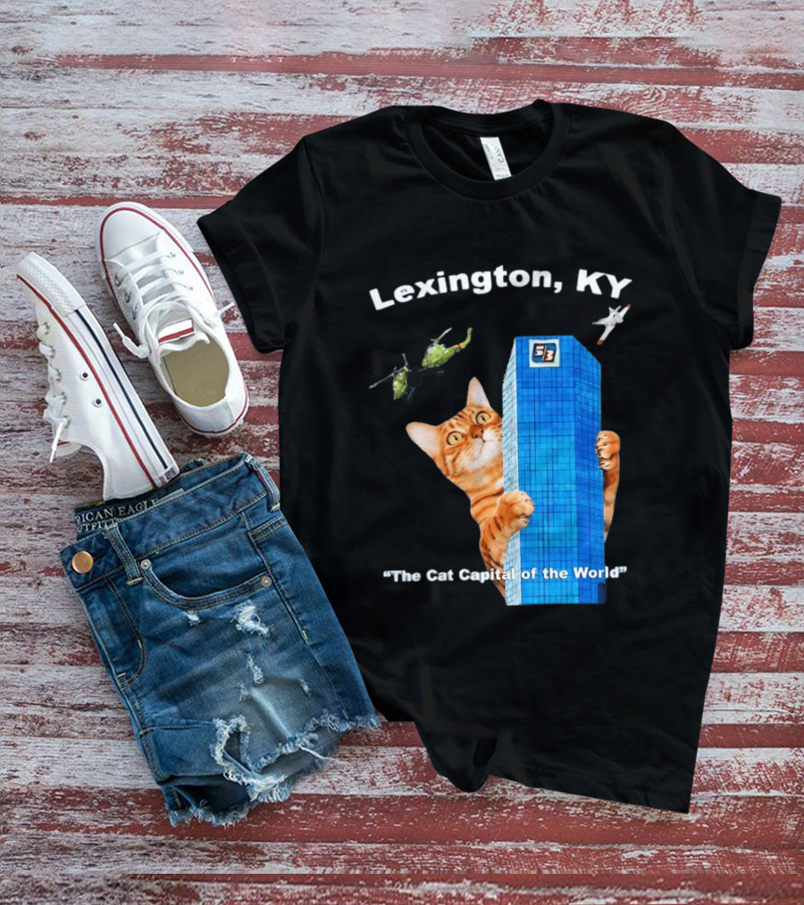 Lexington KY The Cat Capital Of The World Funny Cat With Building And Helicopter T-Shirt