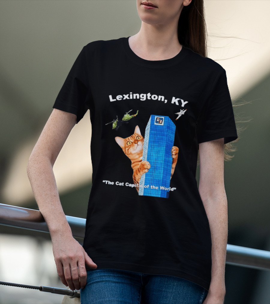 Lexington KY The Cat Capital Of The World Funny Cat With Building And Helicopter T-Shirt