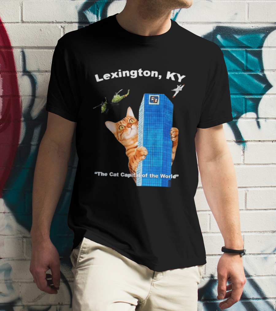 Lexington KY The Cat Capital Of The World Funny Cat With Building And Helicopter T-Shirt
