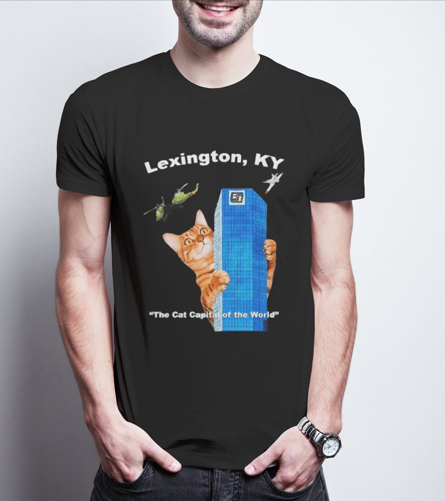 Lexington KY The Cat Capital Of The World Funny Cat With Building And Helicopter T-Shirt