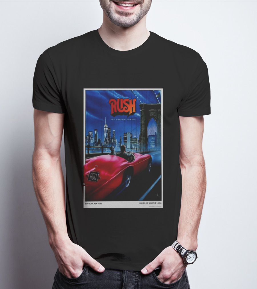Rush Fifty Something Tour 2026 Manhattan NYC July 28 30 August 1 3 New York Bridge Red Car T-Shirt