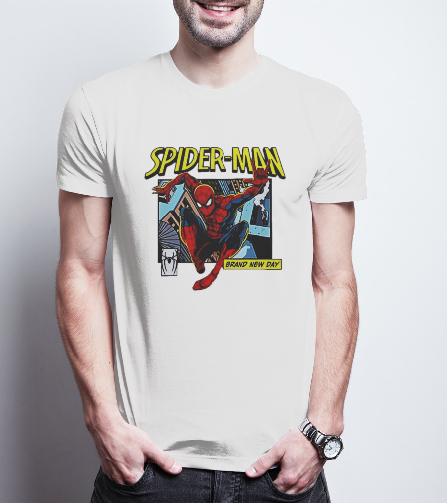 Spider Man Brand New Day Iconic Comic Style Swinging Action T-Shirt