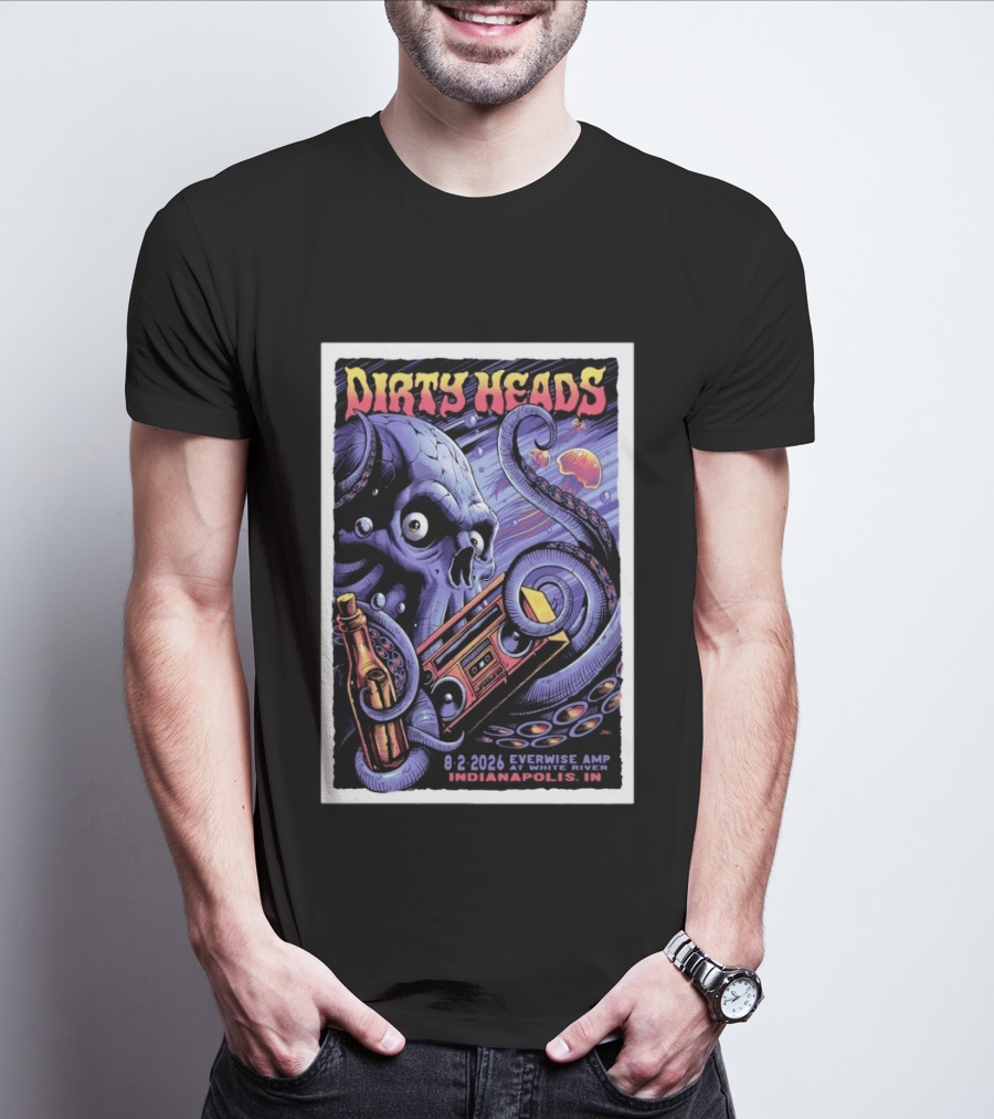 Dirty Heads Everwise Amp At White River 8.2.2026 Indianapolis IN Octopus Skull Alien Boombox T-Shirt