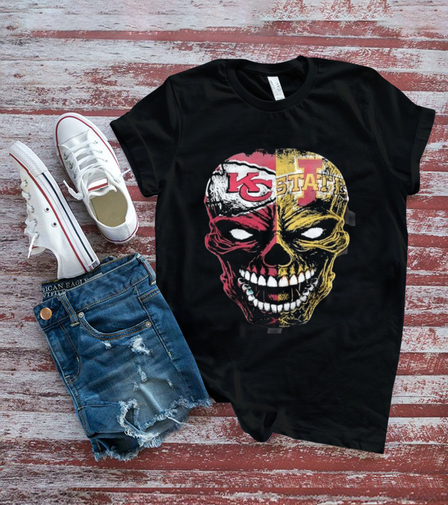 Kansas City Chiefs Iowa State Cyclones Skull Split Face T-Shirt