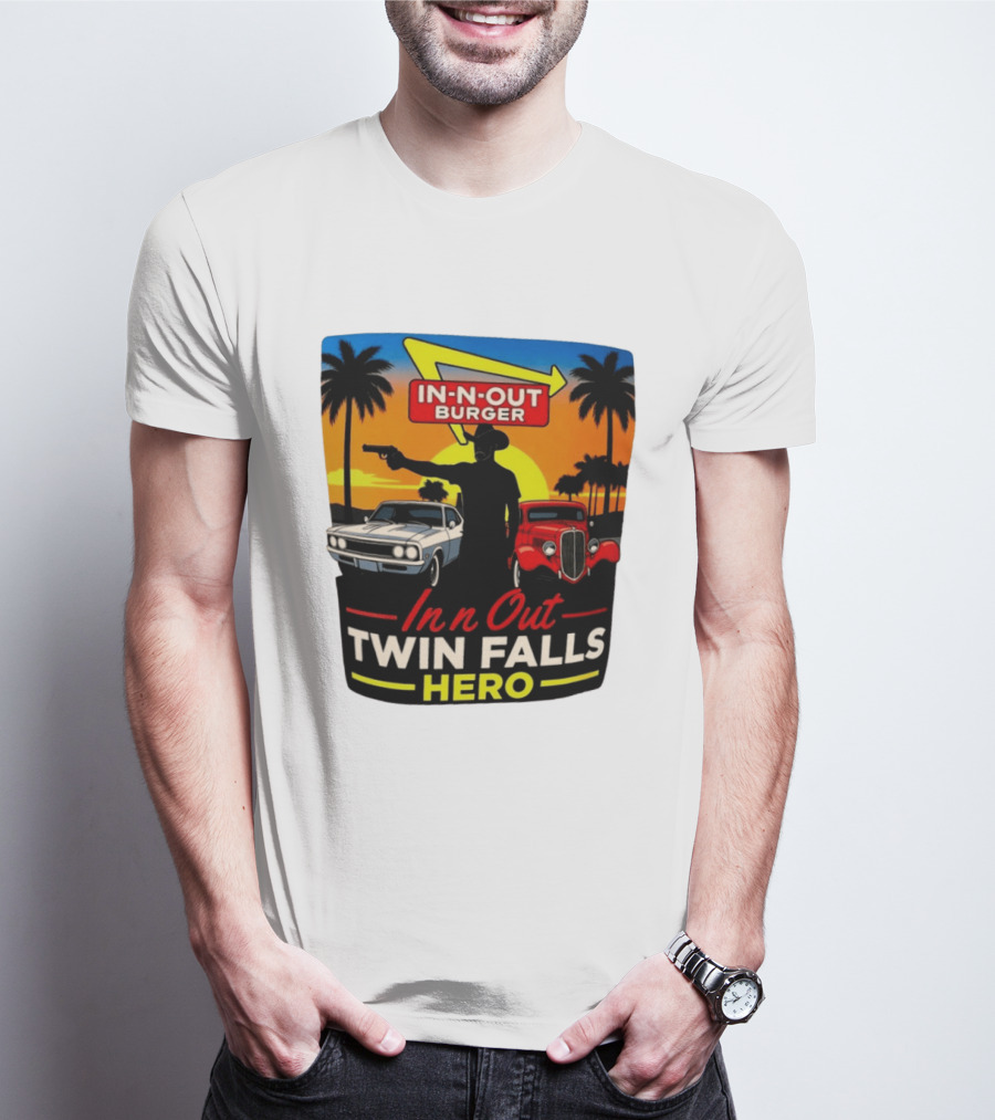 In N Out Burger Twin Falls Hero Sunset Cars Palms 2026 T-Shirt