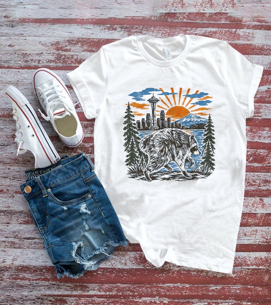 Raccoon Jimothy Seattle Skyline Sunset With Space Needle T-Shirt