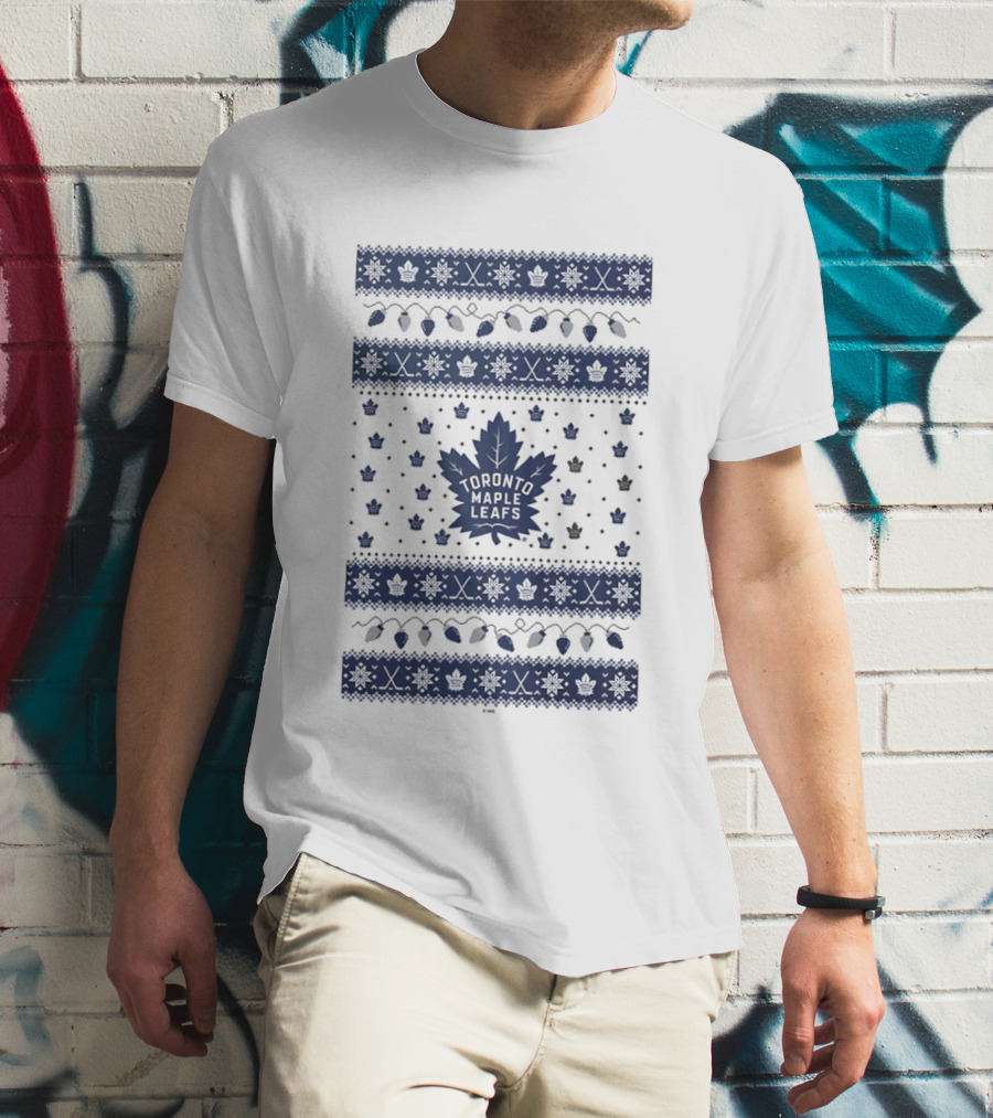 Toronto Maple Leafs Holiday Lights Festive Pattern Leafs Logo Snowflakes T-Shirt
