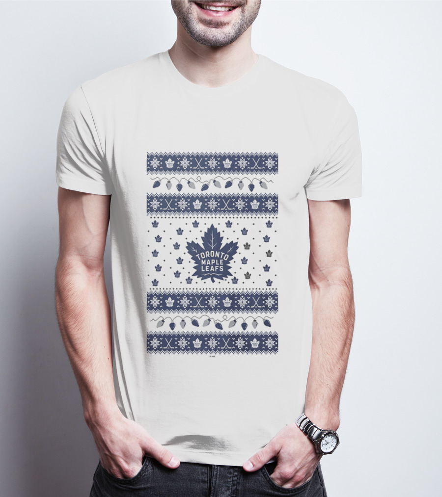 Toronto Maple Leafs Holiday Lights Festive Pattern Leafs Logo Snowflakes T-Shirt