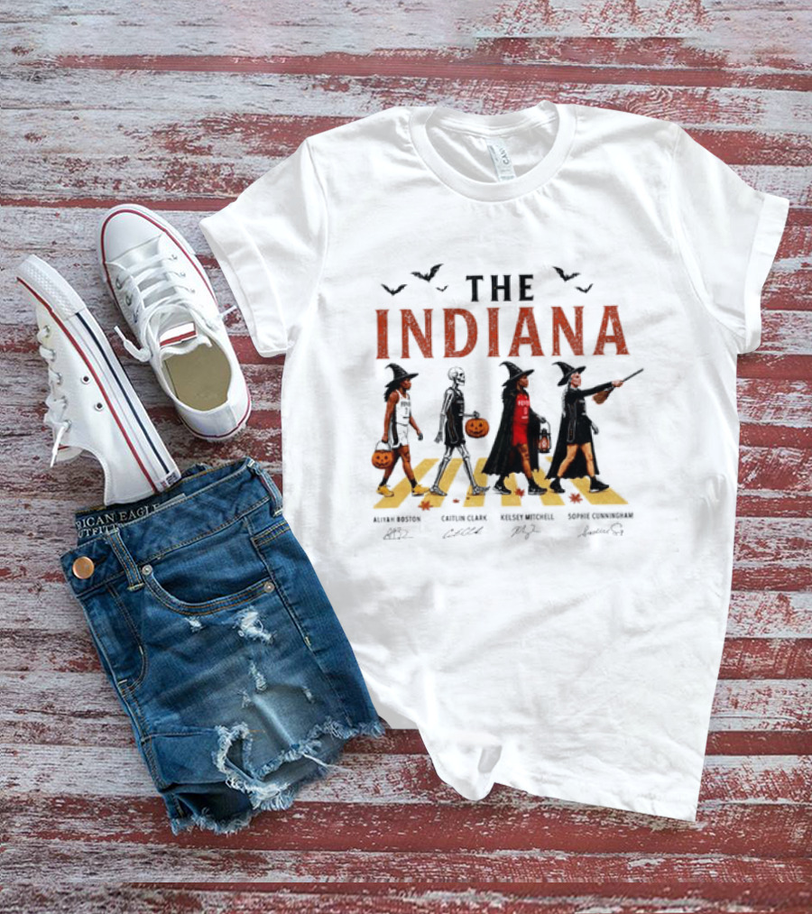 The Indiana Fever WNBA Aliyah Boston Caitlin Clark Kelsey Mitchell Sophie Cunningham Halloween Crosswalk Skeleton Witches Pumpkin T-Shirt