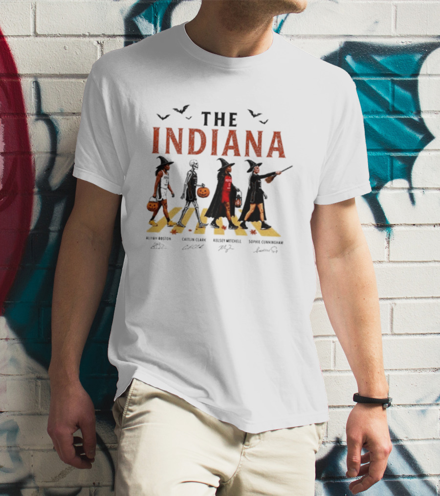 The Indiana Fever WNBA Aliyah Boston Caitlin Clark Kelsey Mitchell Sophie Cunningham Halloween Crosswalk Skeleton Witches Pumpkin T-Shirt
