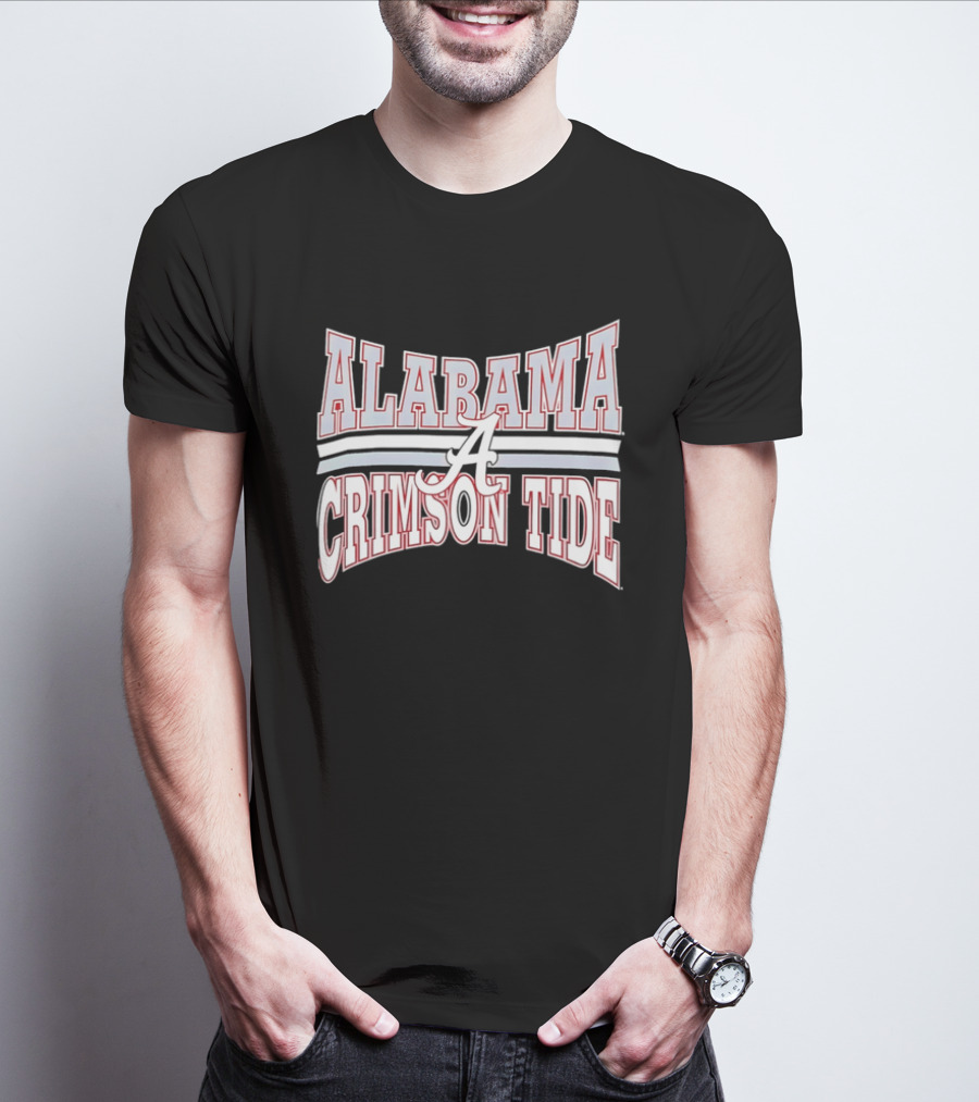 Alabama Crimson Tide Script A Curved Stripes Block Lettering T-Shirt