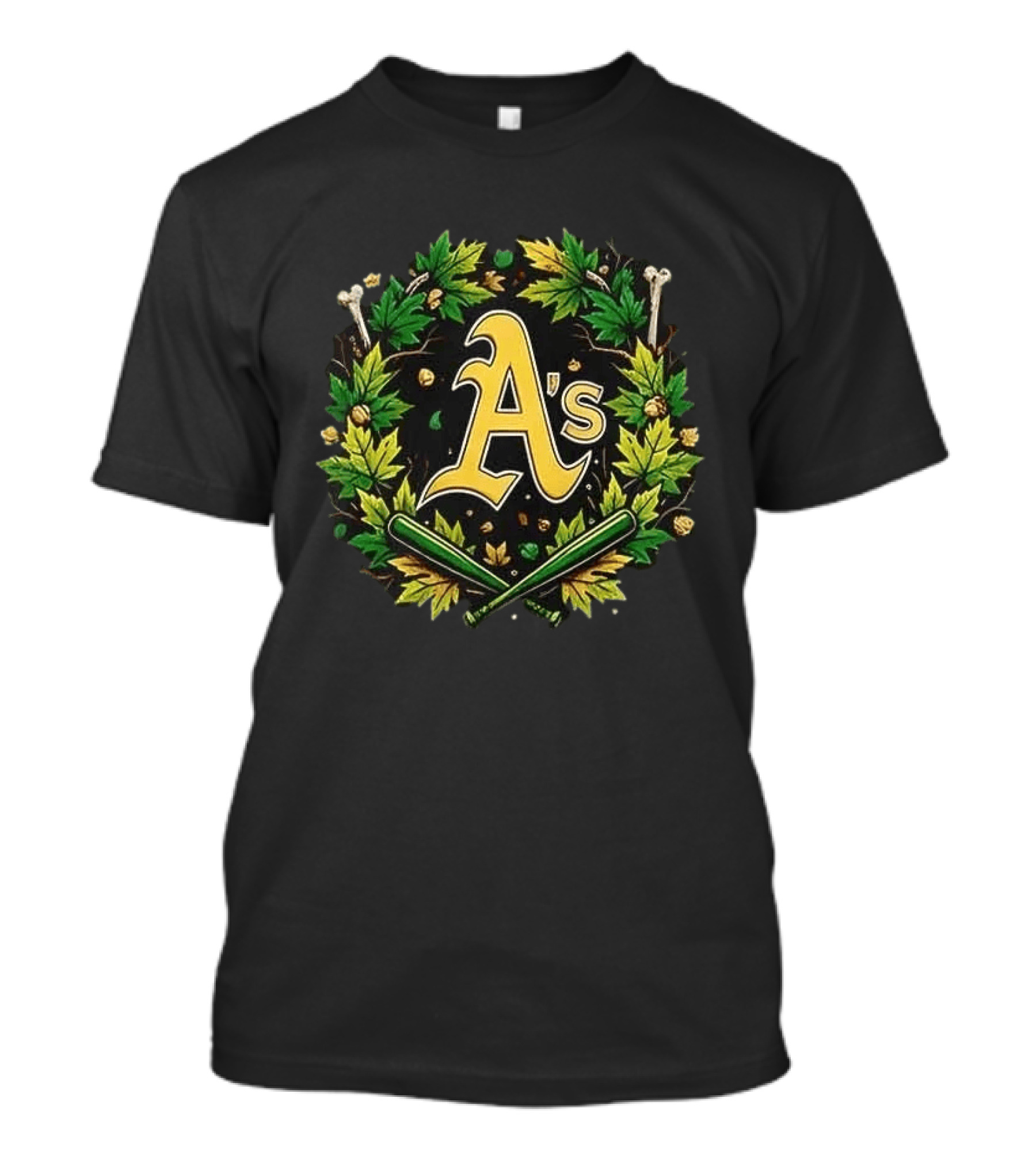 A's Halloween Maple Leaves Skull Crossed Bats Baseballs T-Shirt