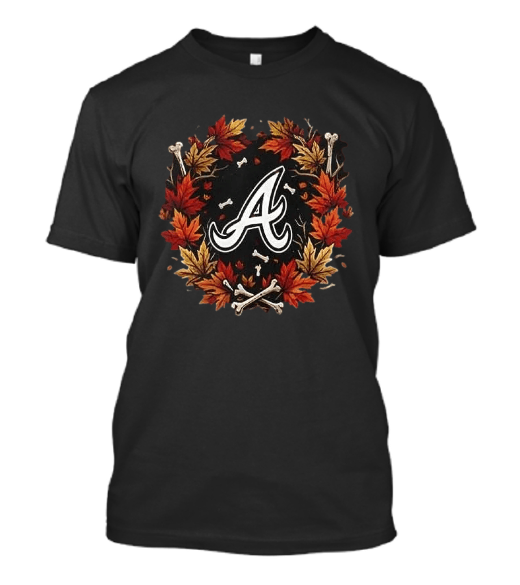 Atlanta Braves Halloween Maple Leaves Skull Bones Crossed Bats T-Shirt
