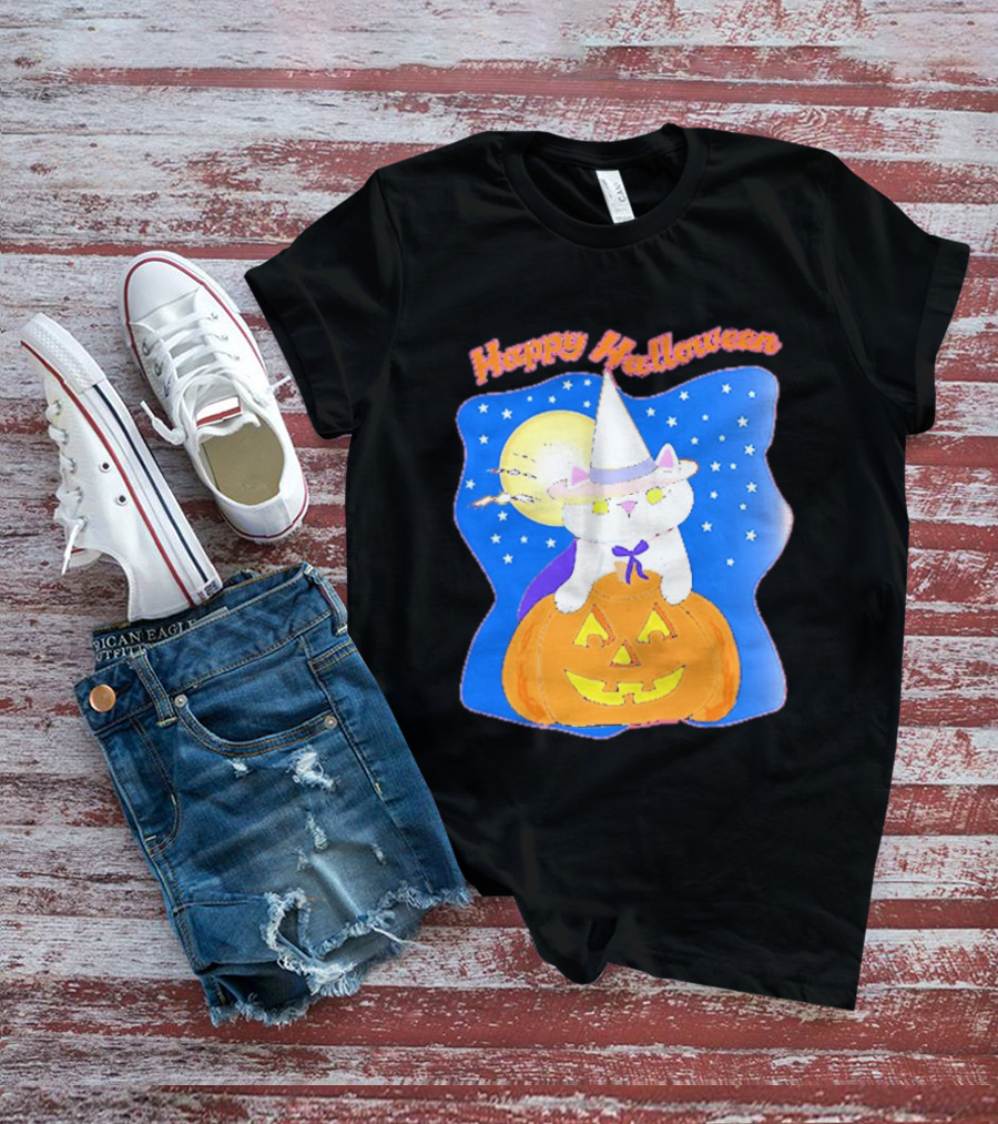 Happy Halloween Cat Witch On Pumpkin With Full Moon And Stars T-Shirt