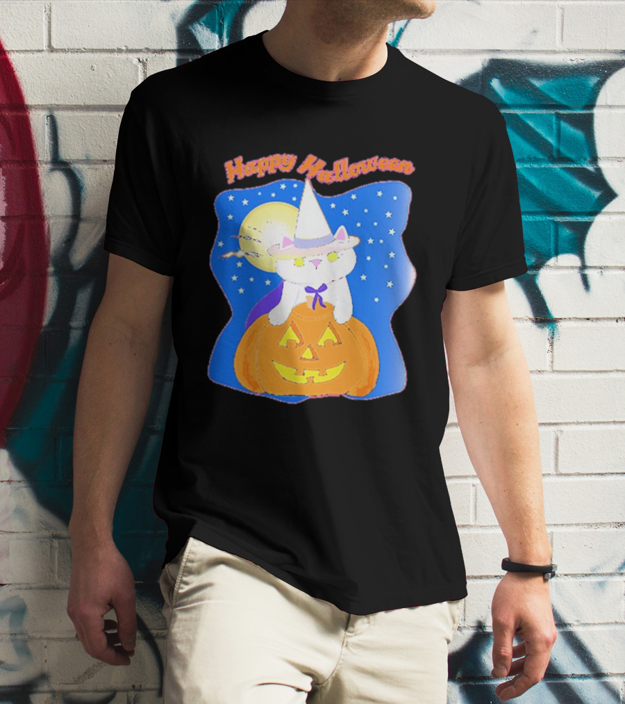 Happy Halloween Cat Witch On Pumpkin With Full Moon And Stars T-Shirt