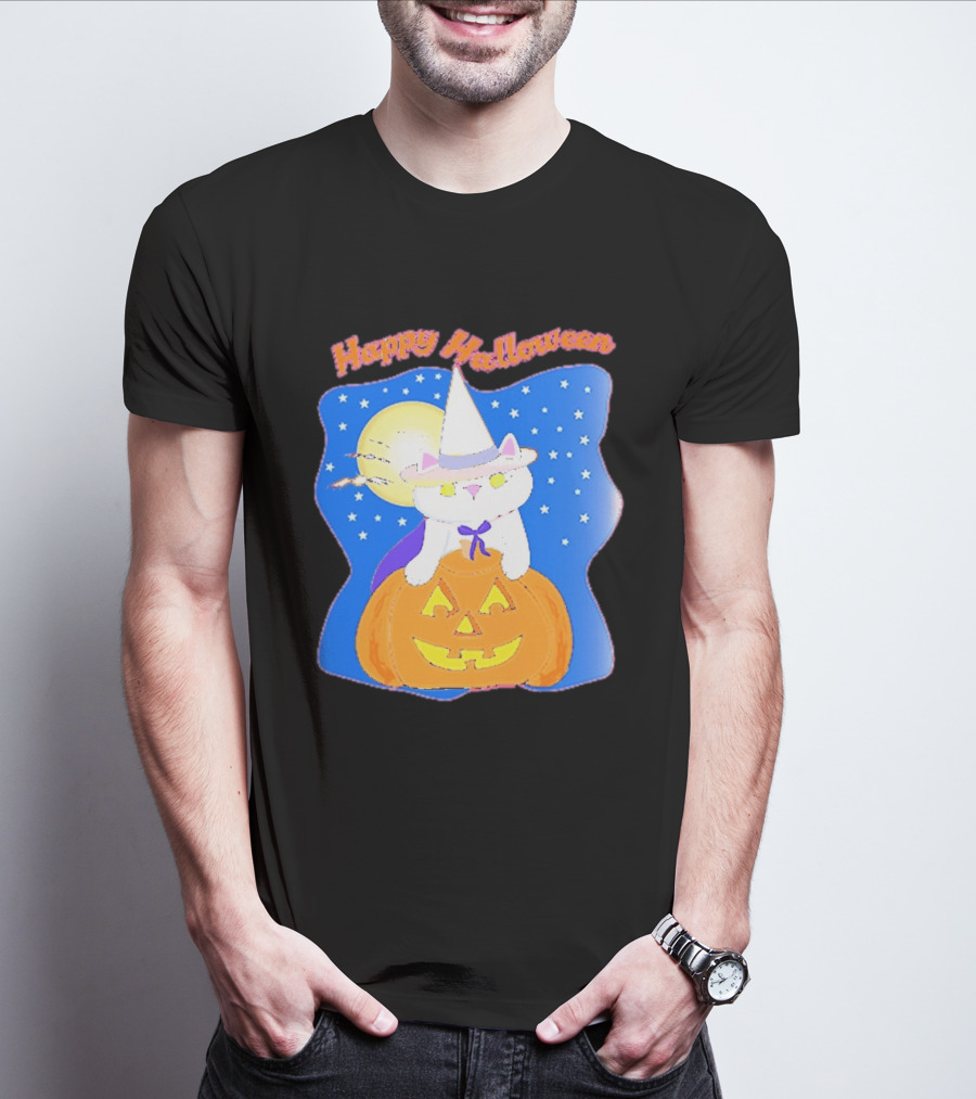Happy Halloween Cat Witch On Pumpkin With Full Moon And Stars T-Shirt