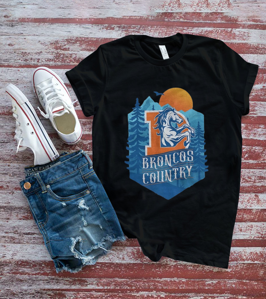 Denver Broncos Country Logo Football Mountain Sunset T-Shirt