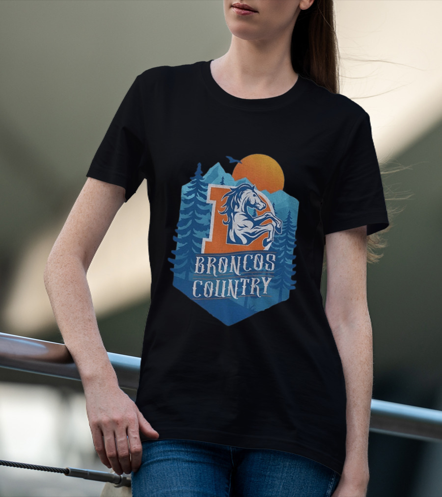 Denver Broncos Country Logo Football Mountain Sunset T-Shirt