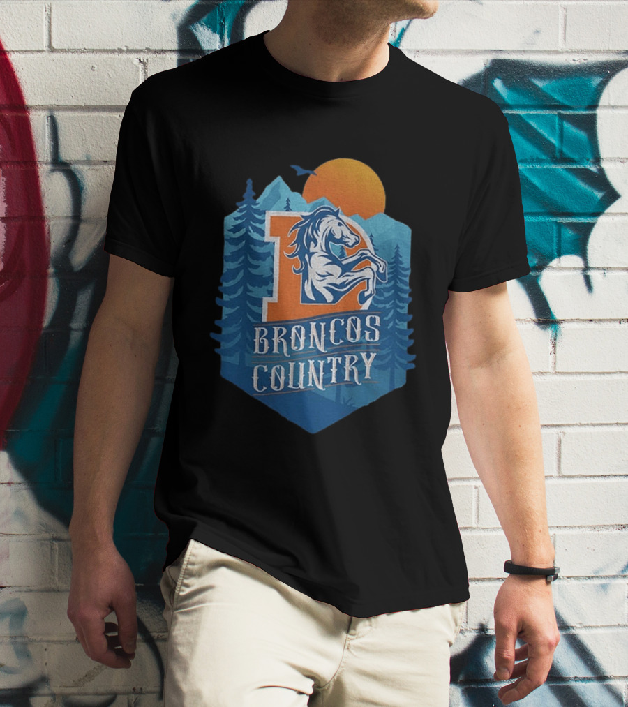 Denver Broncos Country Logo Football Mountain Sunset T-Shirt