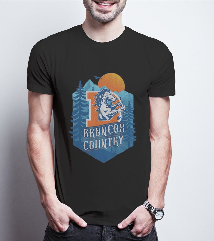 Denver Broncos Country Logo Football Mountain Sunset T-Shirt
