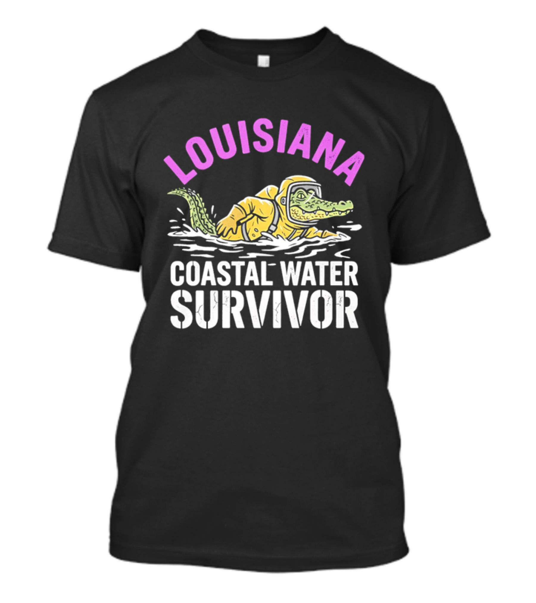 Louisiana Coastal Water Survivor Cartoon Alligator Yellow Hazmat Suit T-Shirt