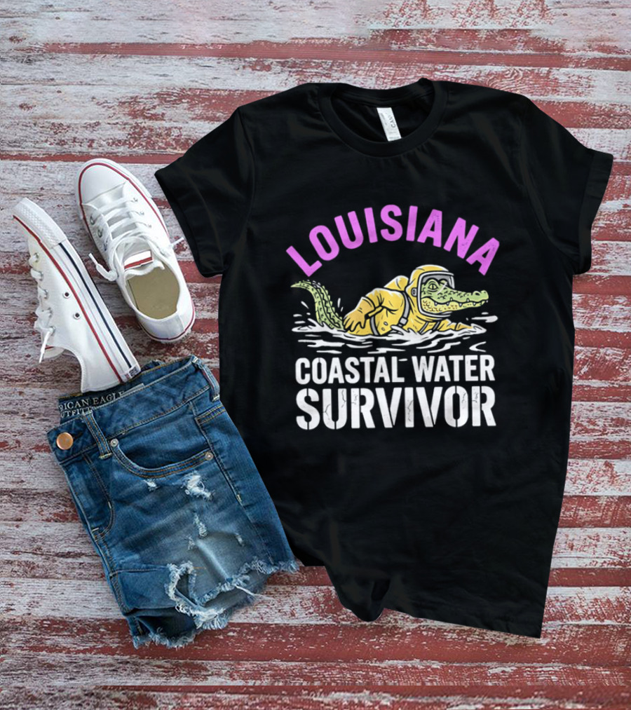 Louisiana Coastal Water Survivor Cartoon Alligator Yellow Hazmat Suit T-Shirt