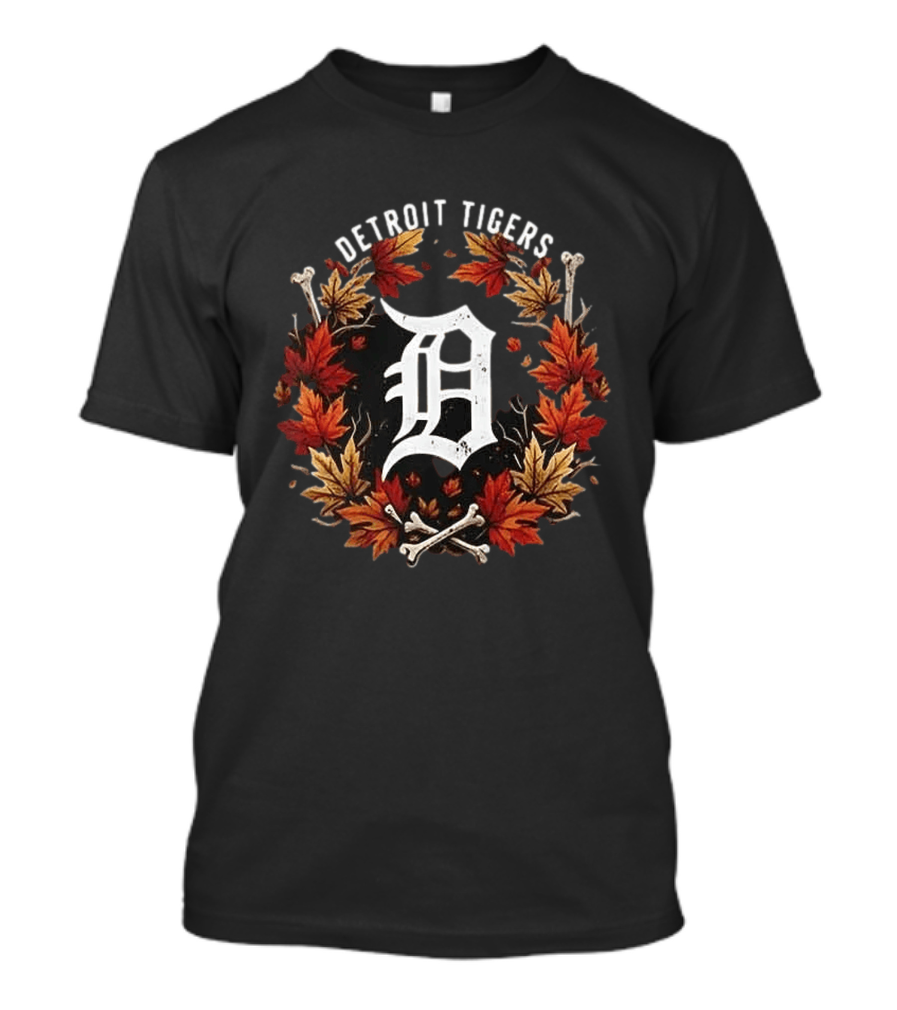Detroit Tigers Maple Leaves Skull Crossed Bones Halloween Baseballs T-Shirt