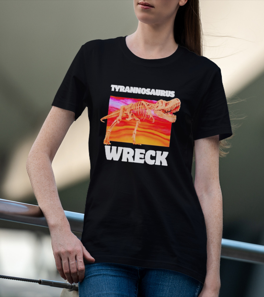 Tyrannosaurus Wreck Dinosaur Pun With Rex Skeleton On Sunset T-Shirt