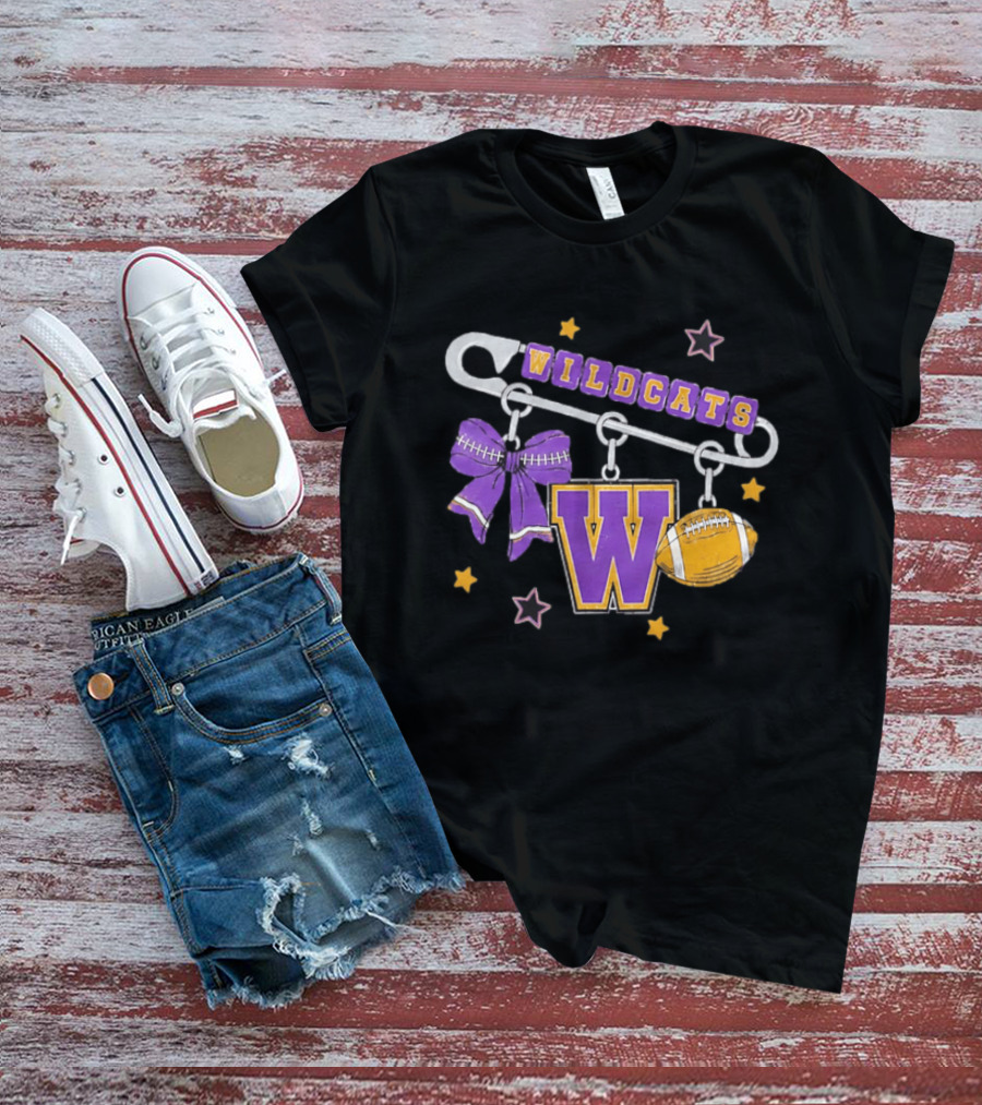 Wildcats Safety Pin Bow W Football Charm Distressed T-Shirt