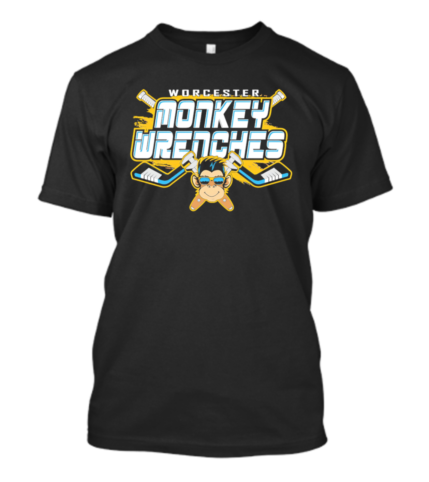 Worcester Monkey Wrenches Hockey Player Monkey With Crossed Wrenches And Hockey Sticks T-Shirt