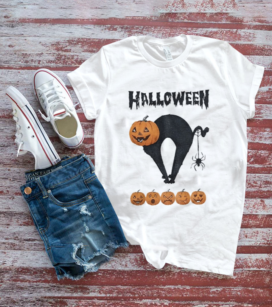 Halloween Pumpkin Cat Black Spider Five Jack O' Lanterns T-Shirt