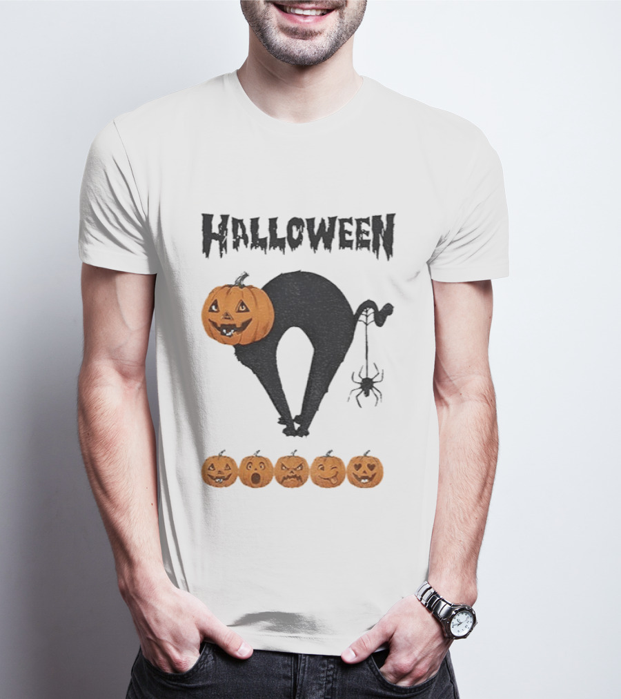 Halloween Pumpkin Cat Black Spider Five Jack O' Lanterns T-Shirt