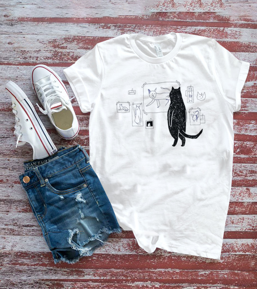 Black Cat Standing Looking At Sketches Line Drawing Wall Gallery T-Shirt